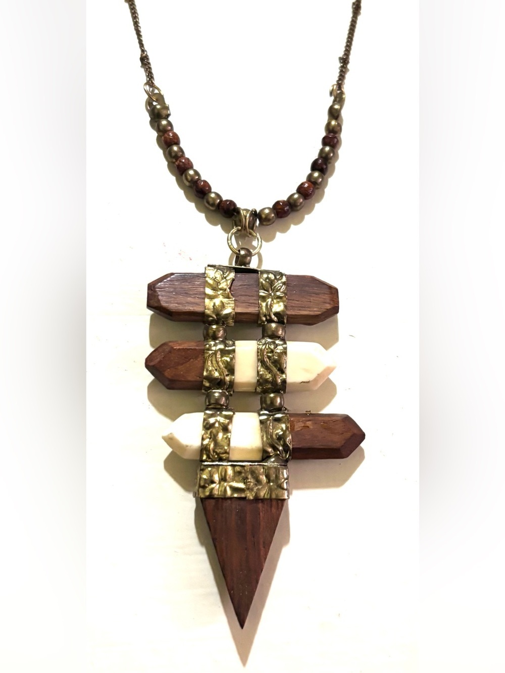 Bohemian Brown Wood and Cream Stone Pendant Necklace